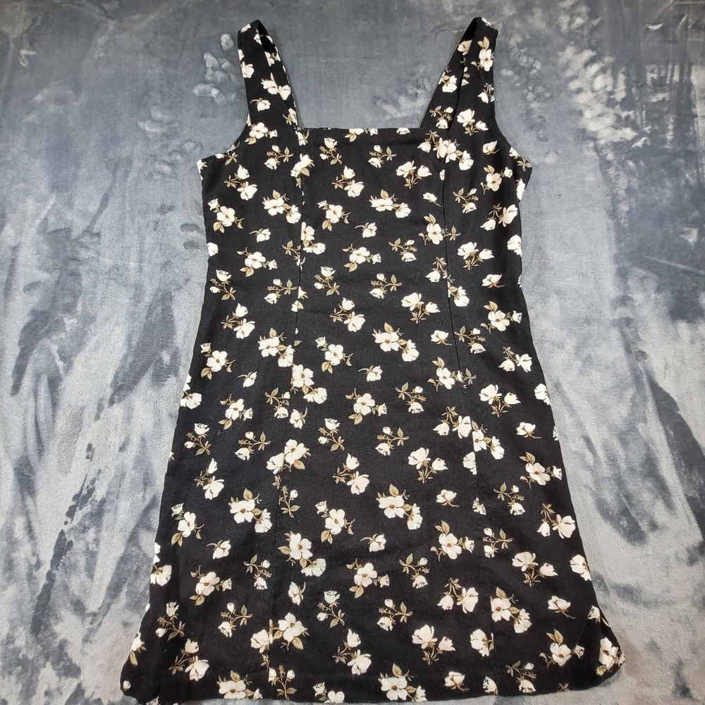 Old Navy Womens Black‎ Floral Linen Blend Smocked Back Mini Dress Large